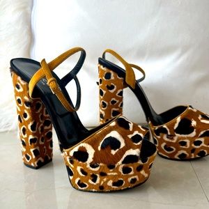 Gucci Leopard Print Calf Hair Platform Sandals